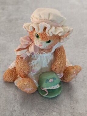 Plush Orange Cat Figurine in White Dress with Green Hat Calico Kittens